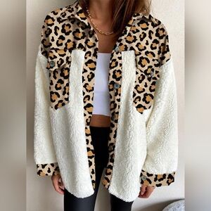 Fuzzy Button Up Long Sleeve Leopard Print Teddy Jacket